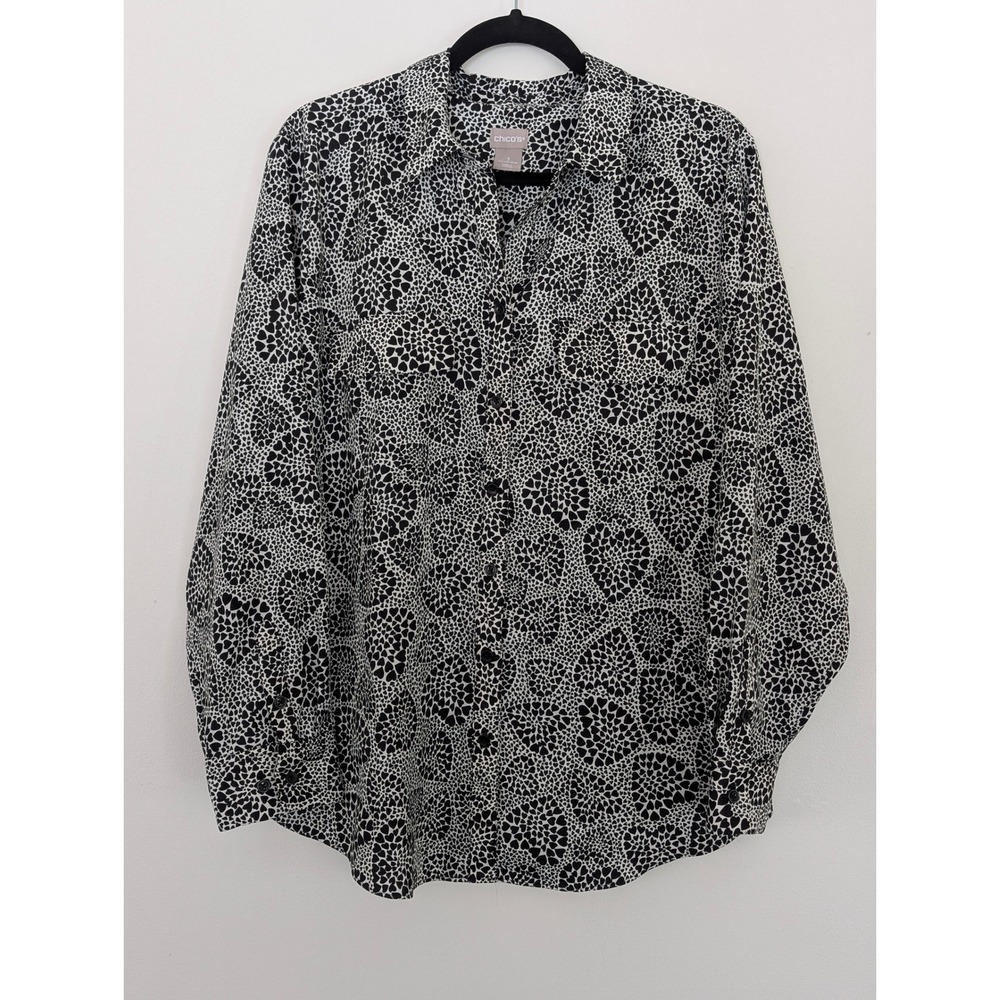 Chico's Black White Heart Print‎ Button Down Shirt Blouse Long Sleeve Size 3 XL